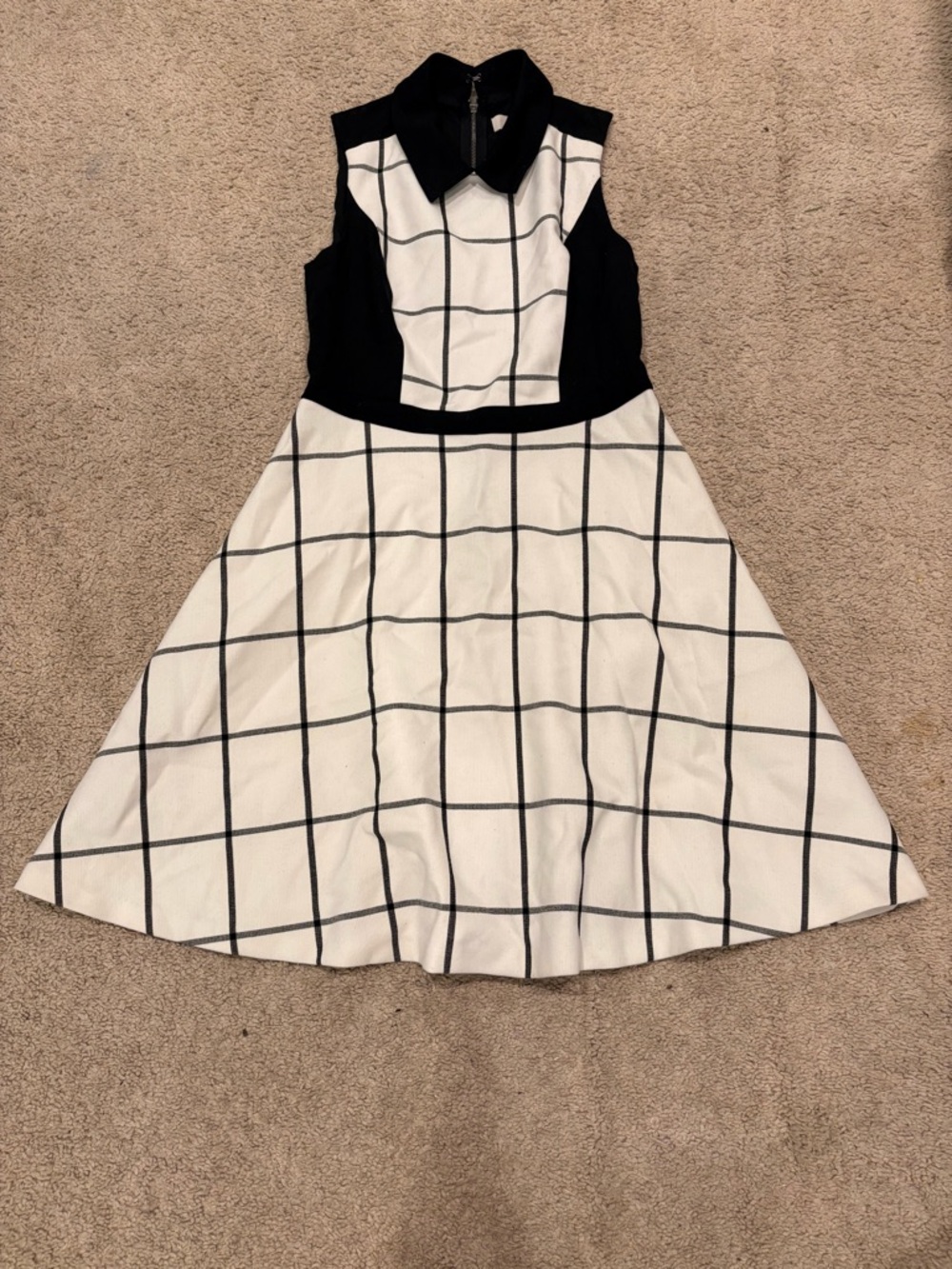 LOFT Black and White Windowpane Fit-and-Flare Dress